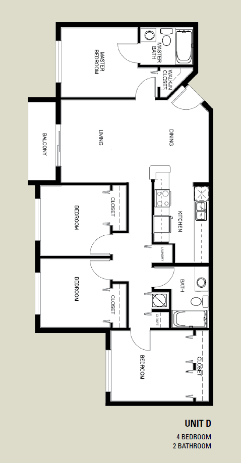 Floor plan for 4 beds, 2 baths, 1255 sqft